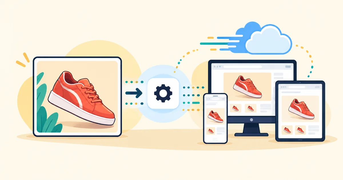 A red shoe photo passes through TurkCDN and goes out in sizes that fit a computer, a tablet and a phone
